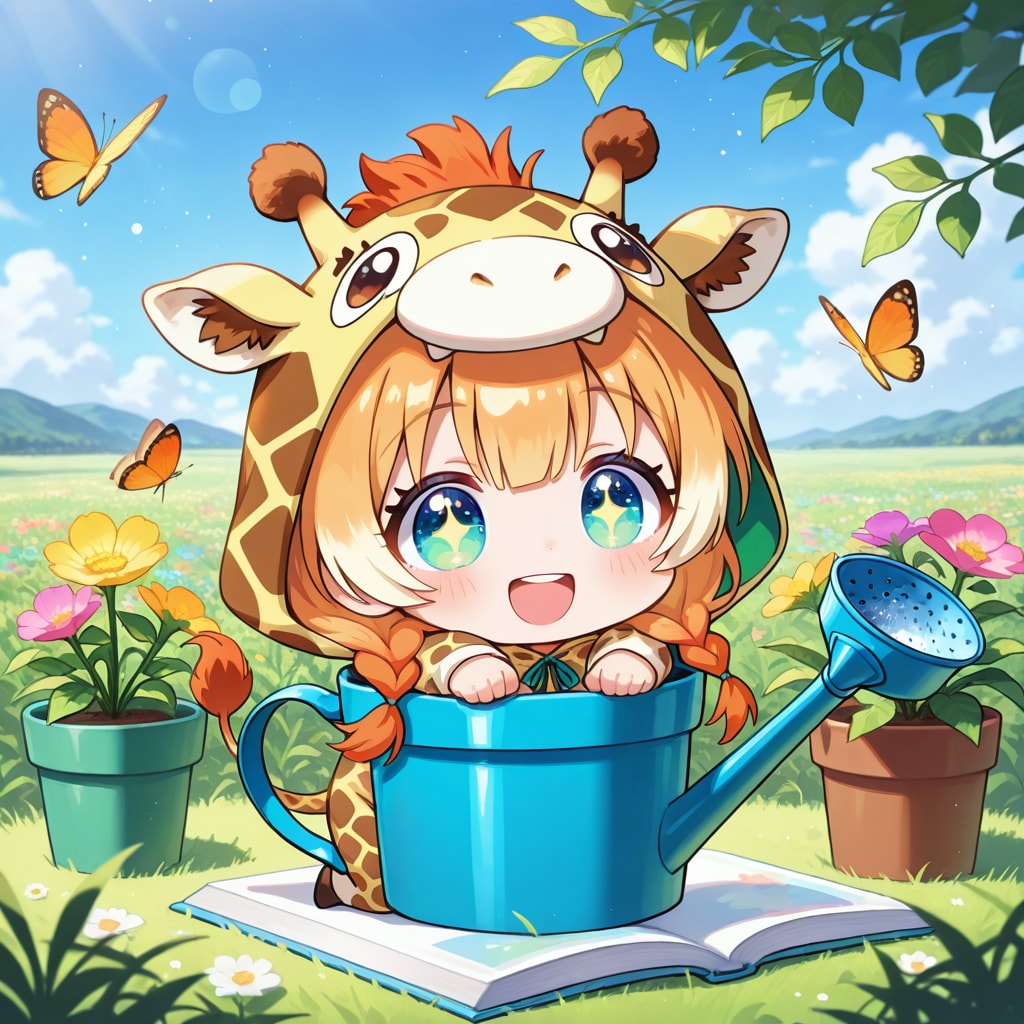 お花に水を用意するキリン着ぐるみちび子ちゃん