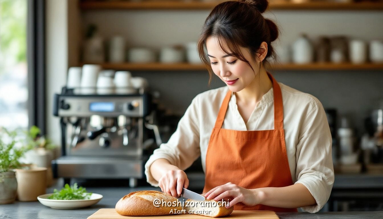 カフェの午後、バゲットサンドの準備 - Afternoon at the cafe, preparing baguette sandwiches | の人気AIイラスト・グラビア