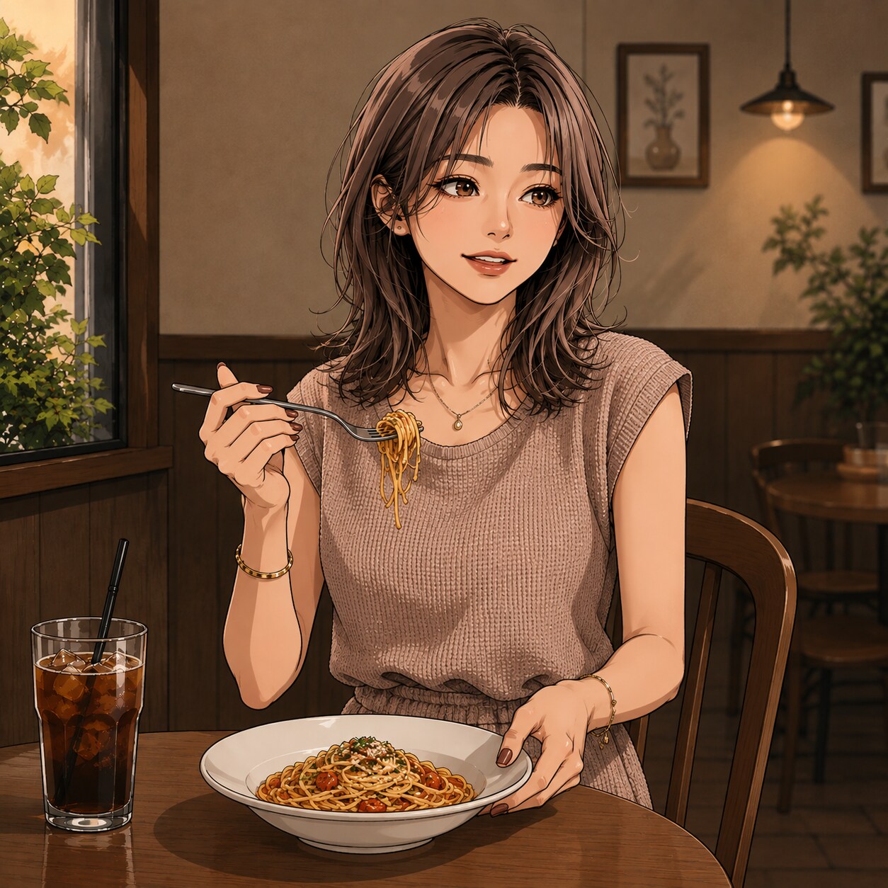 カフェでランチ/パスタ（クールちゃん） | の人気AIイラスト・グラビア