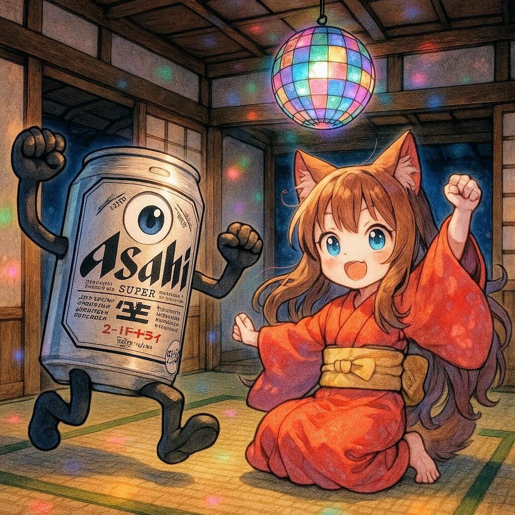 一つ目小僧と座敷わらしのビール缶と小さな女の子