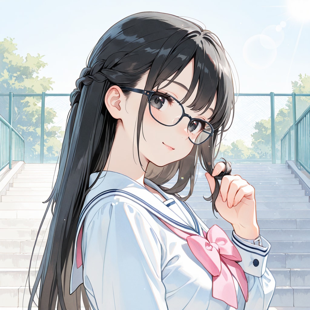 黒髪少女、髪を指で巻く