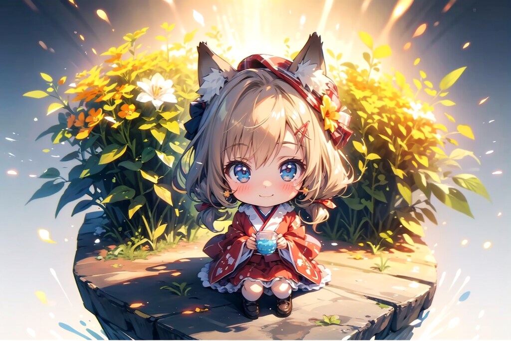 (((princess))), (((dress))), (((frills))), +「しゃがむ和服のちびちゃん」。