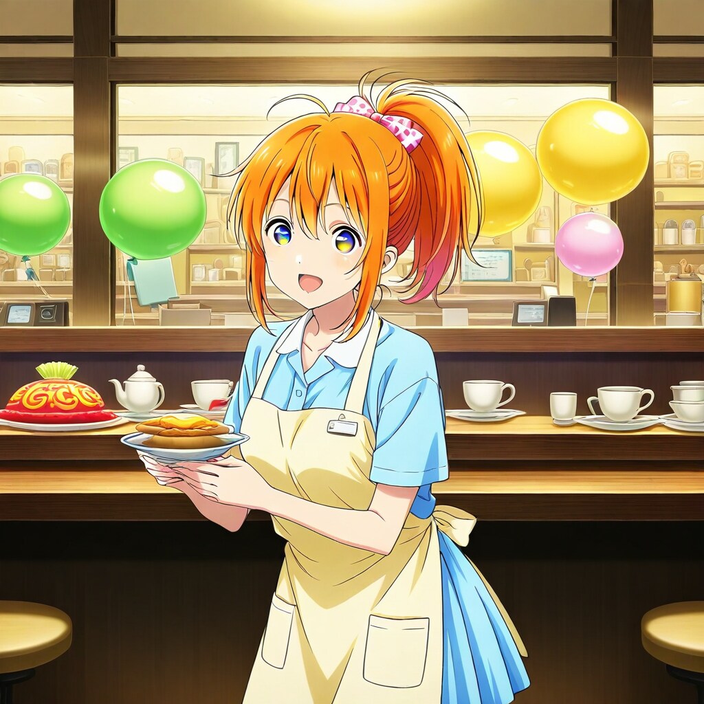 レストランで色とりどりの風船を膨らませて遊ぶオレンジ髪ポニーテールの美女店員さん。 | の人気AIイラスト・グラビア