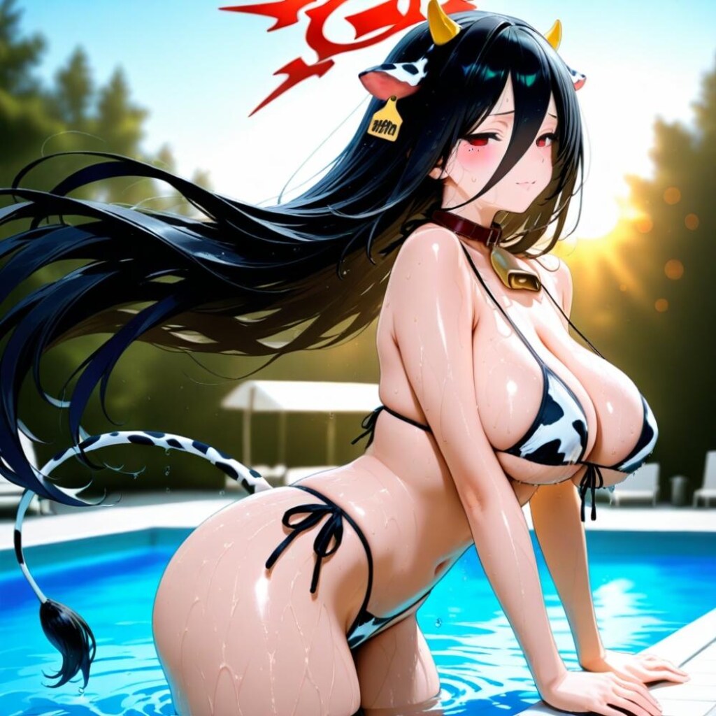 恥ずかしくて目をそらす牛ビキニコスプレ人妻&ペン水彩猫画