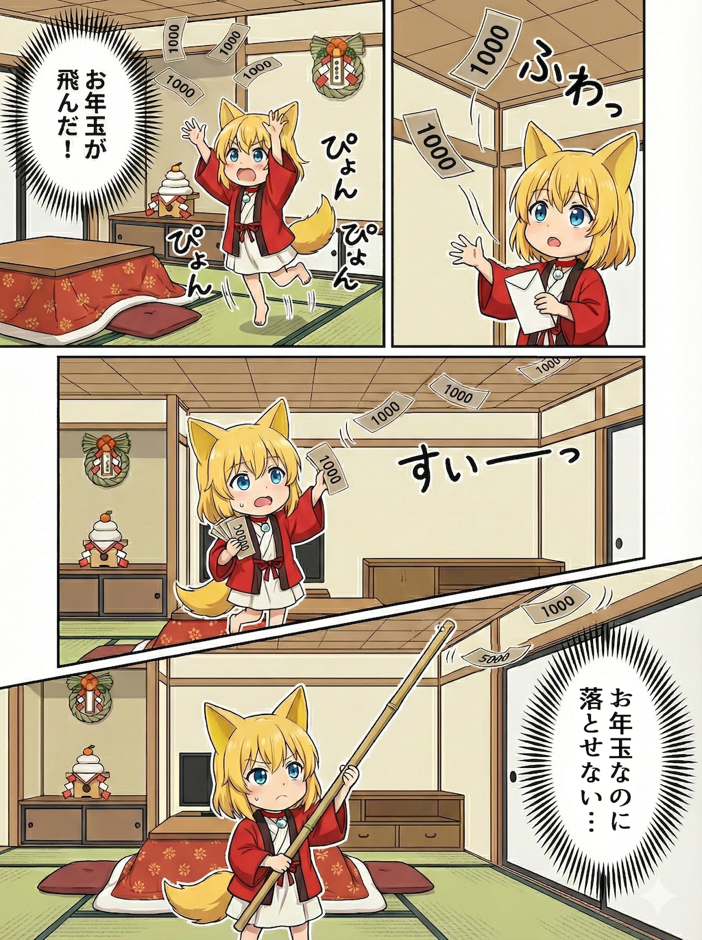 突如として浮遊を開始し始めたお年玉の人をおちょくったような動きに翻弄されるキツネ