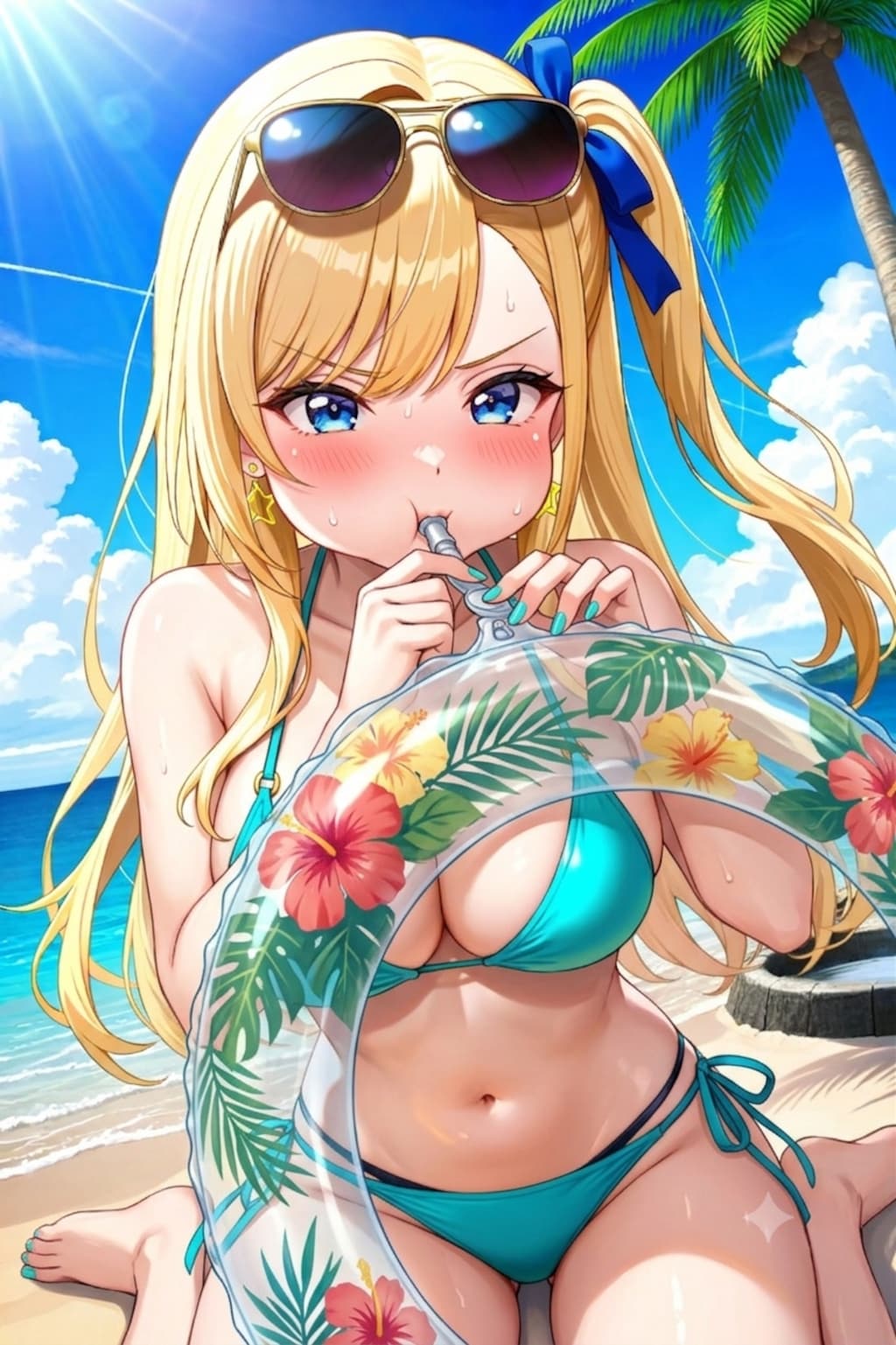 浮き輪膨らますナミちゃん