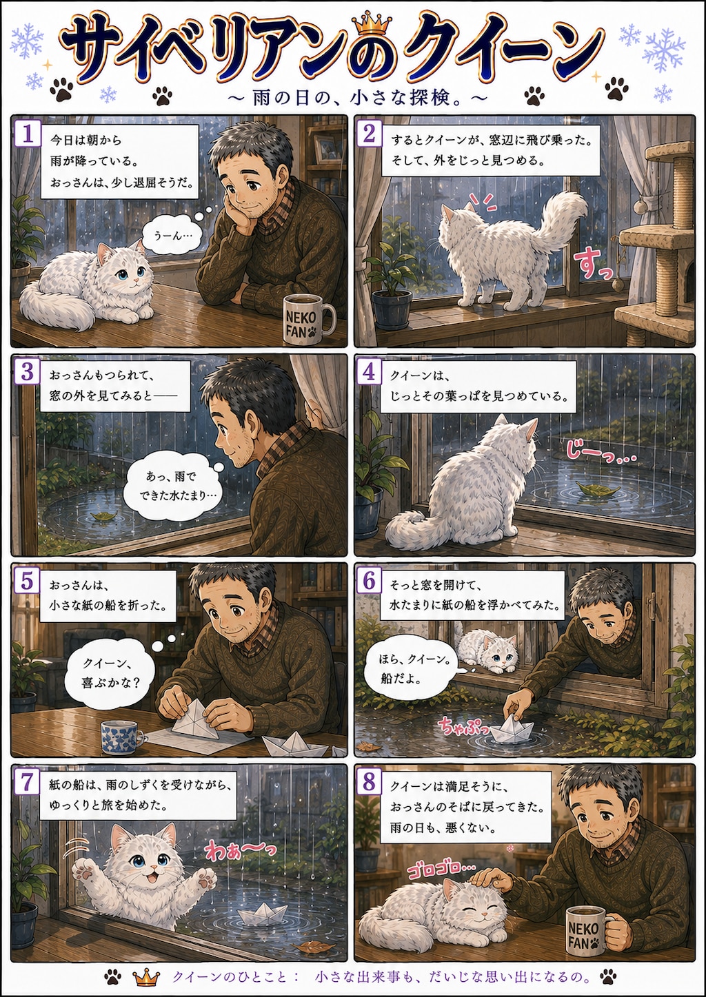 猫漫画コンテンツ6シリーズ  猫漫画6シリーズを投稿しています。  サイベリアンのクィーン 雨の日の、小さな探検。  ちびキャラ ベビークイーン 今日のベッドメイキングはボクがする！  クイーンと無職