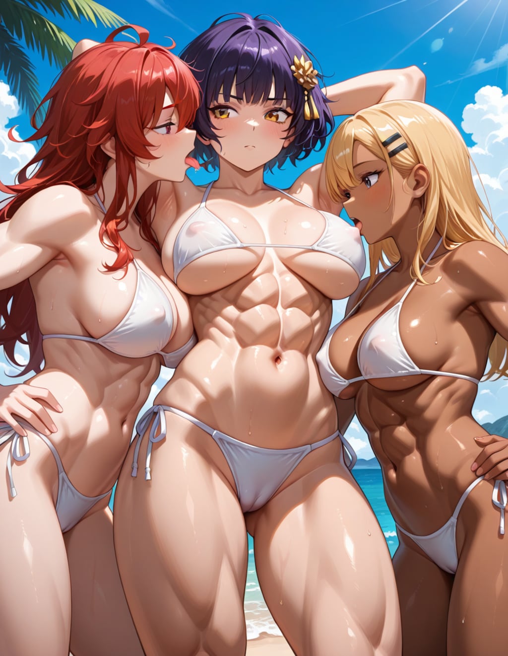 百合の間に挟まる女  ムキムキビキニ