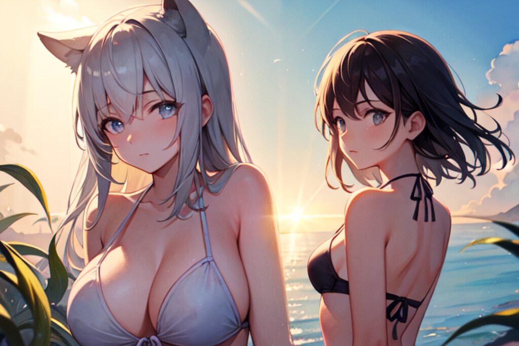 comfy ui 練習 白長貓女孩 x 黑短女孩