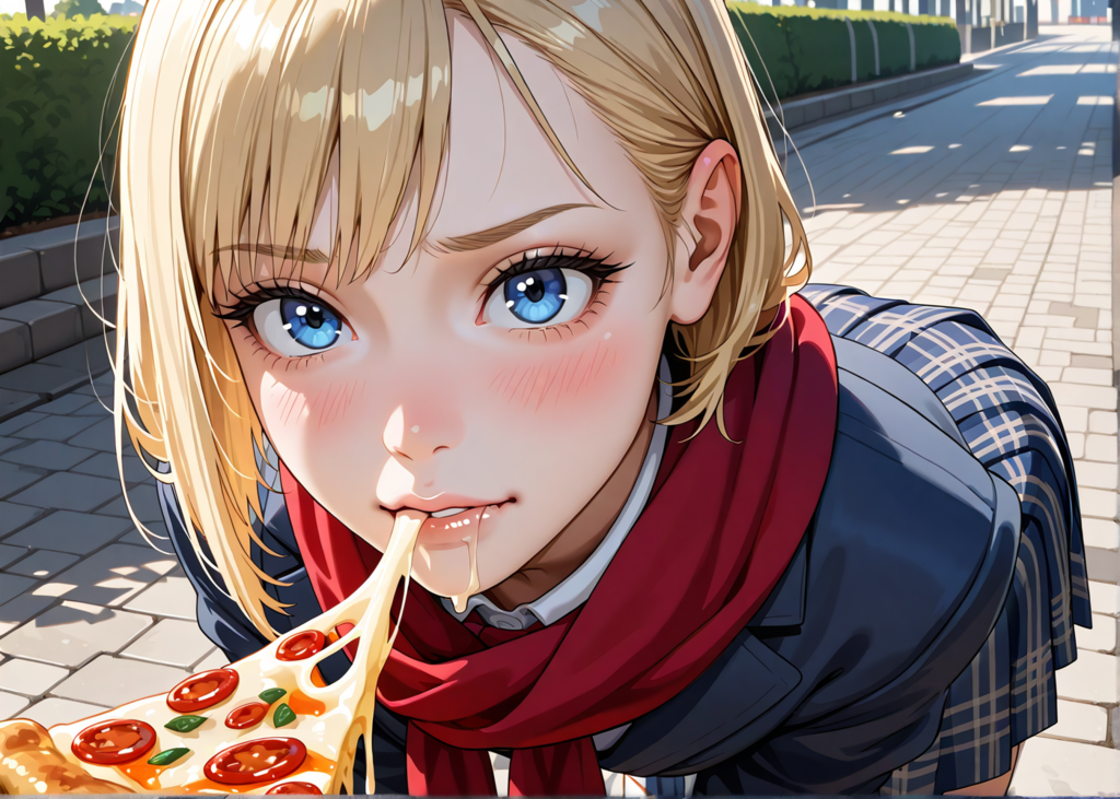 嫌な顔でピザを食う金髪JK