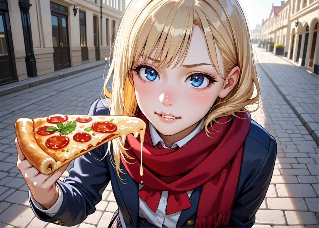 嫌な顔でピザを食う金髪JK