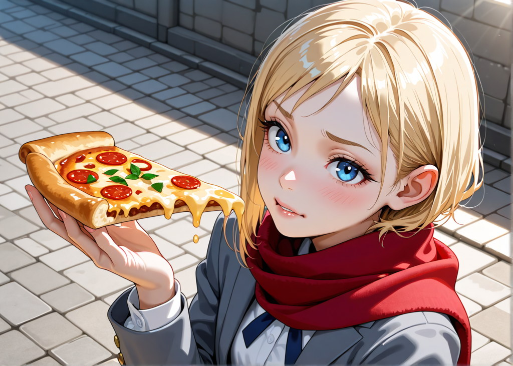 嫌な顔でピザを食う金髪JK