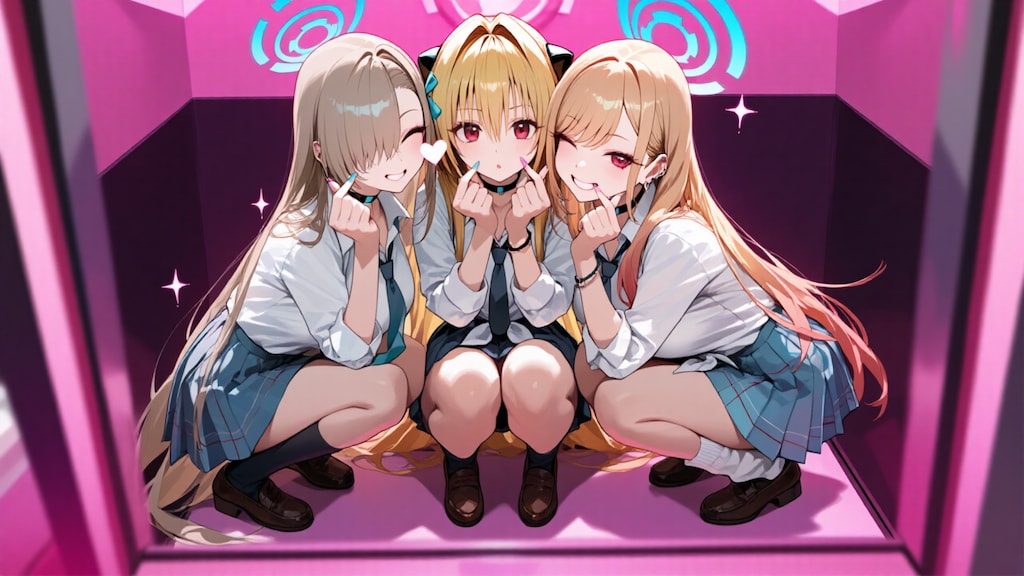 金髪ギャル３人　プリクラ