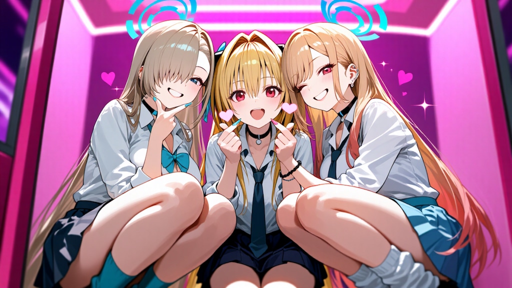 金髪ギャル３人　プリクラ