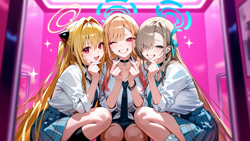 金髪ギャル３人　プリクラ