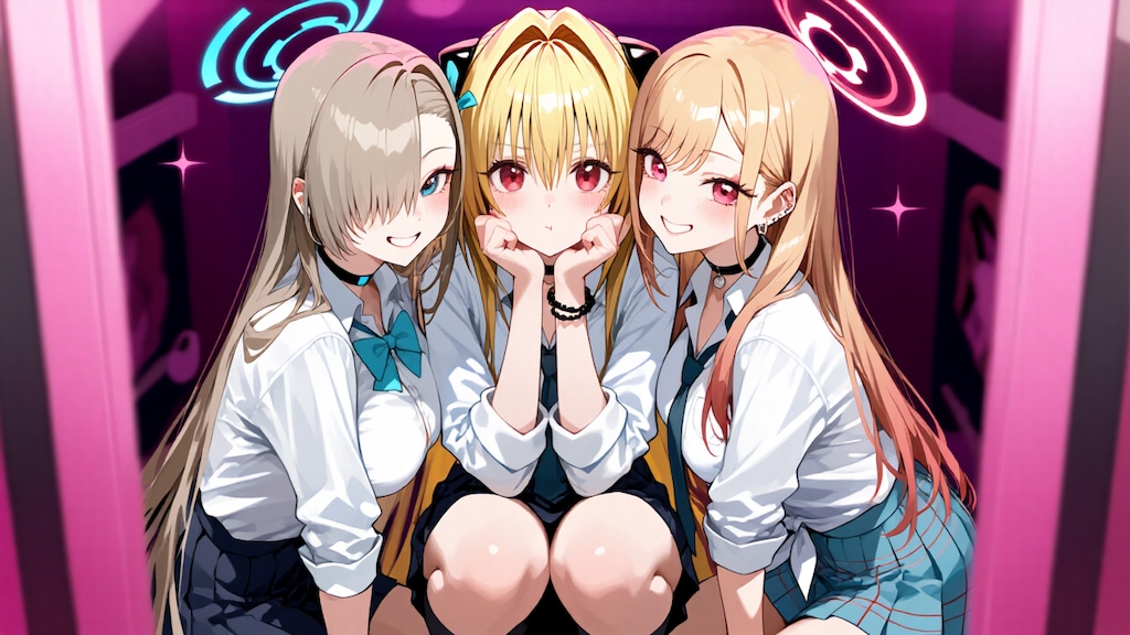 金髪ギャル３人　プリクラ