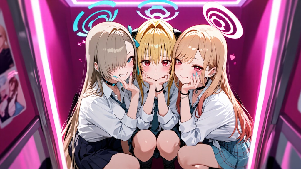 金髪ギャル３人　プリクラ
