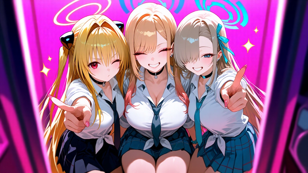 金髪ギャル３人　プリクラ