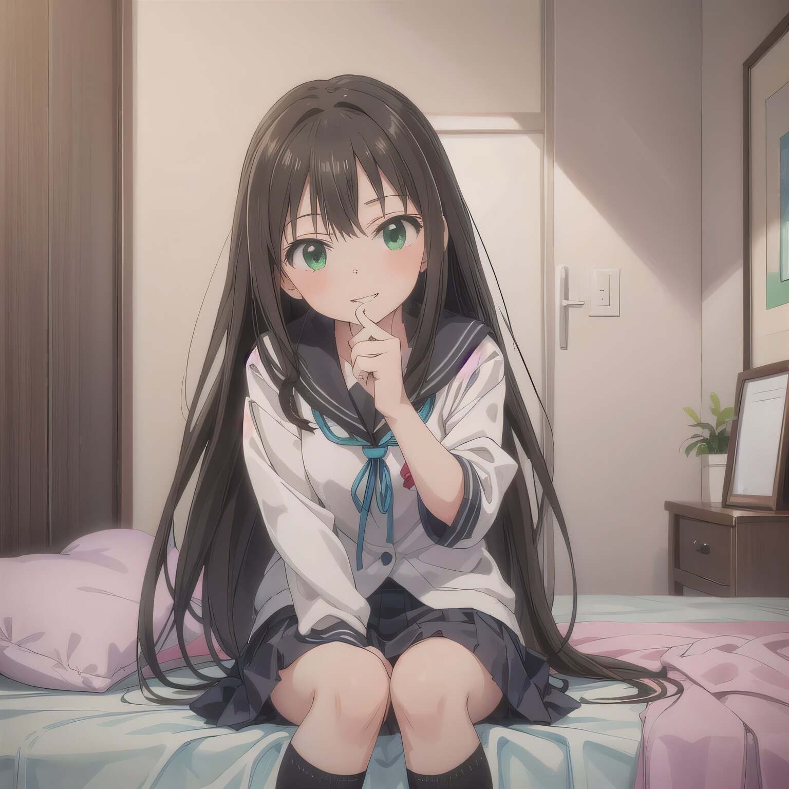 黒髪ロングで寝室の少女 | の人気AIイラスト・グラビア