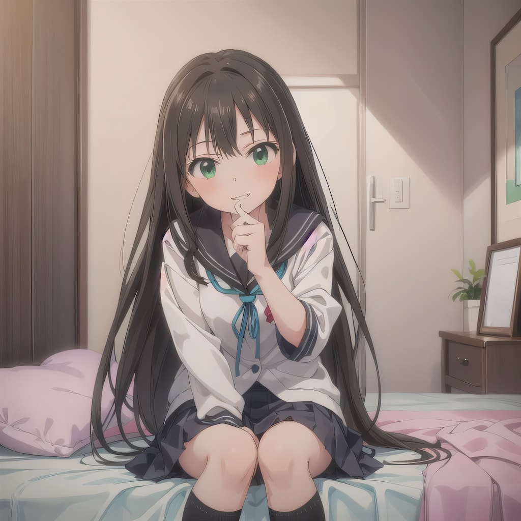 黒髪ロングで寝室の少女