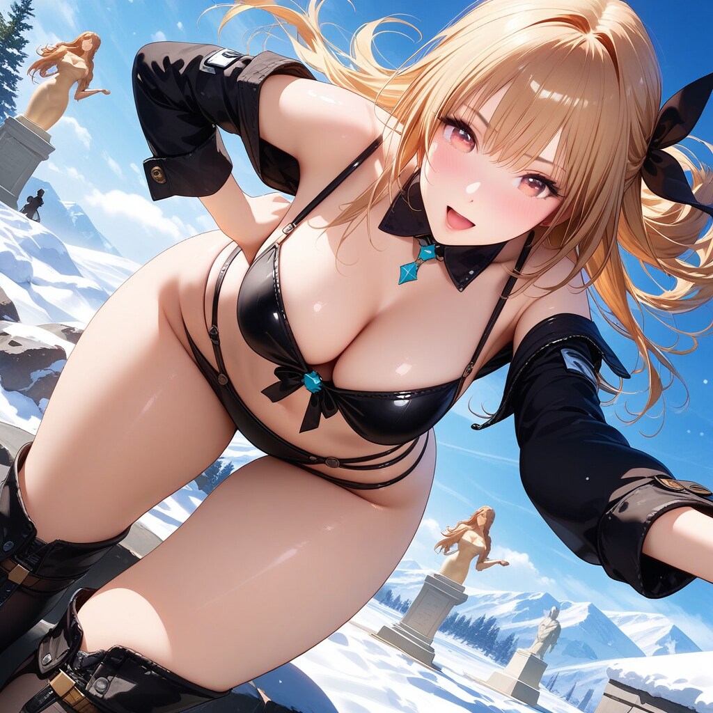 彫像のある雪原で凄いセクシー衣装でポーズを取る巨乳美女