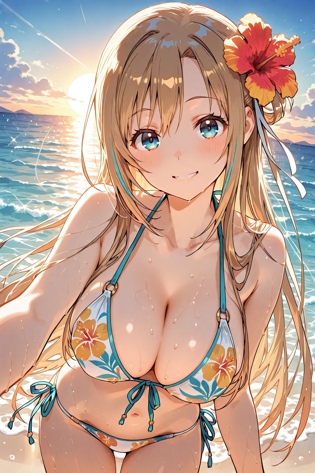 明るい茶髪美少女 前かがみ ビキニ 海