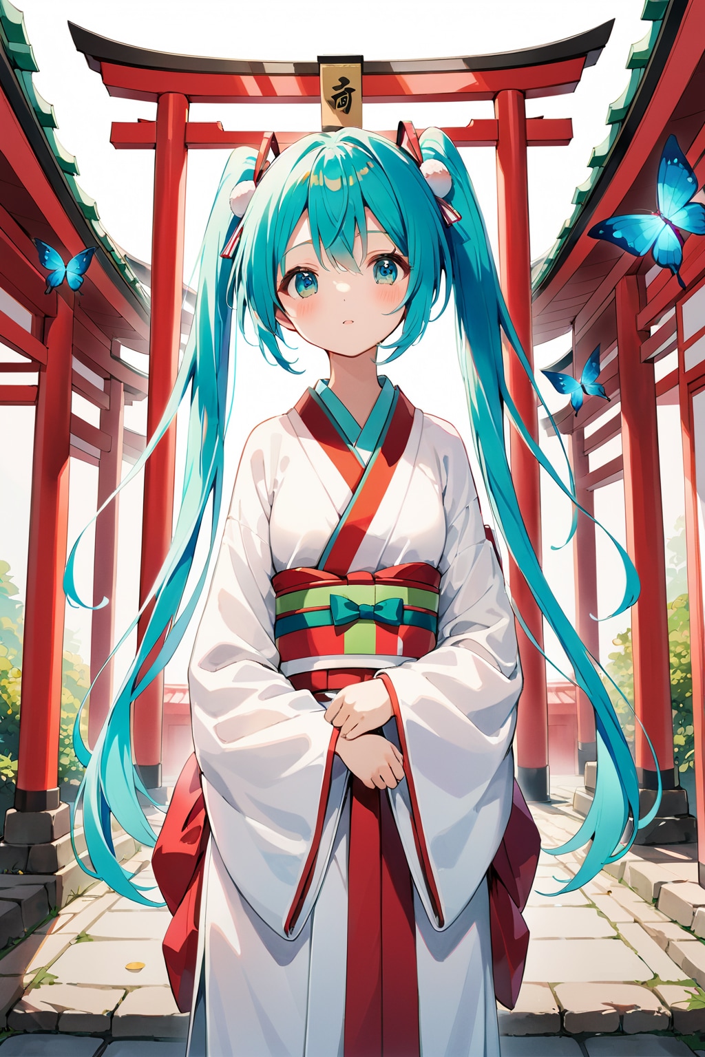 巫女ミクと蝶々 | の人気AIイラスト・グラビア