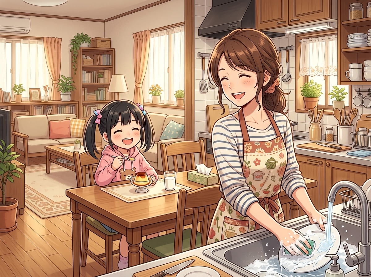 母娘の笑顔あふれる朝のキッチン