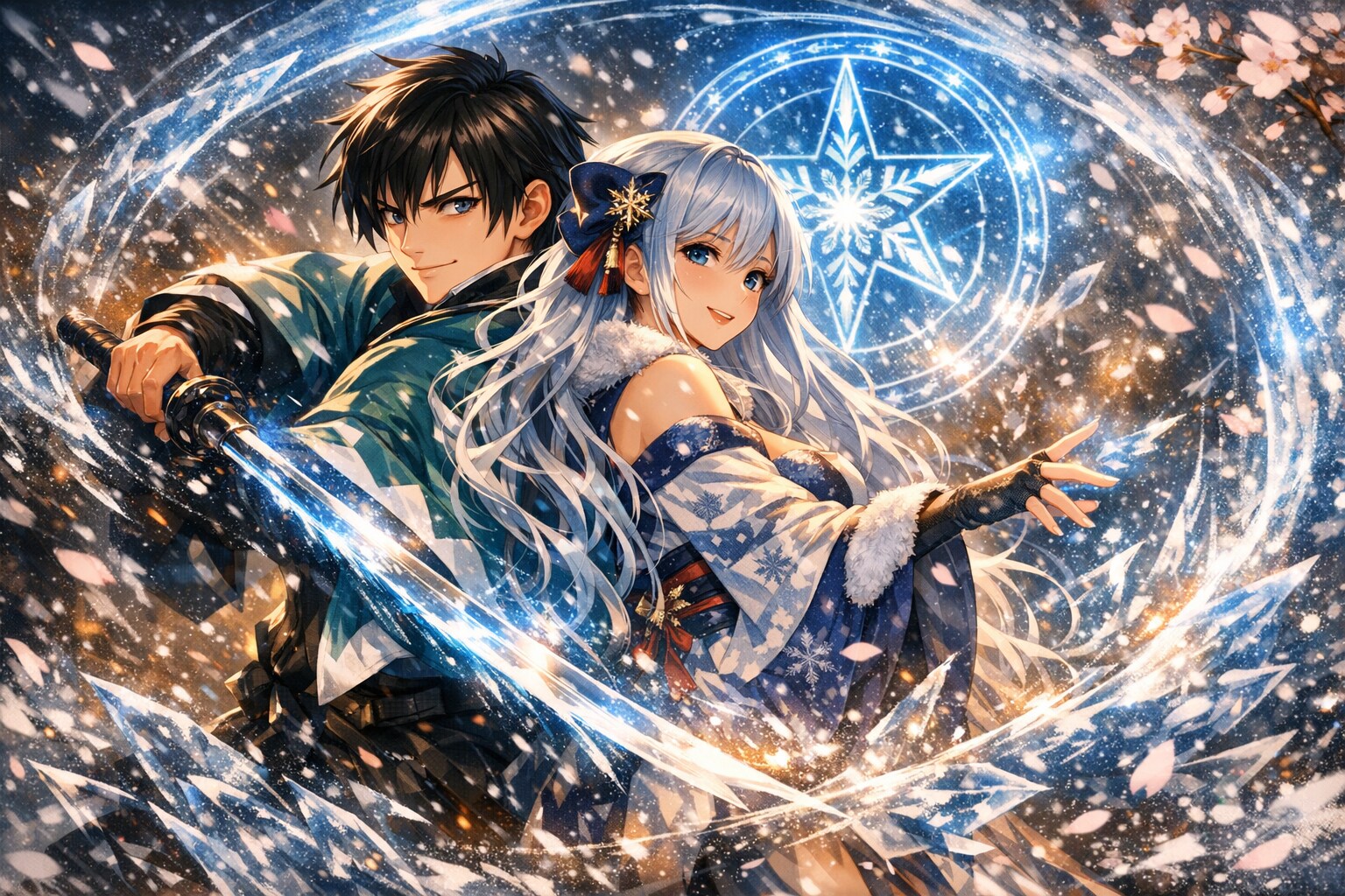 春の桜吹雪の中の共闘 | の人気AIイラスト・グラビア