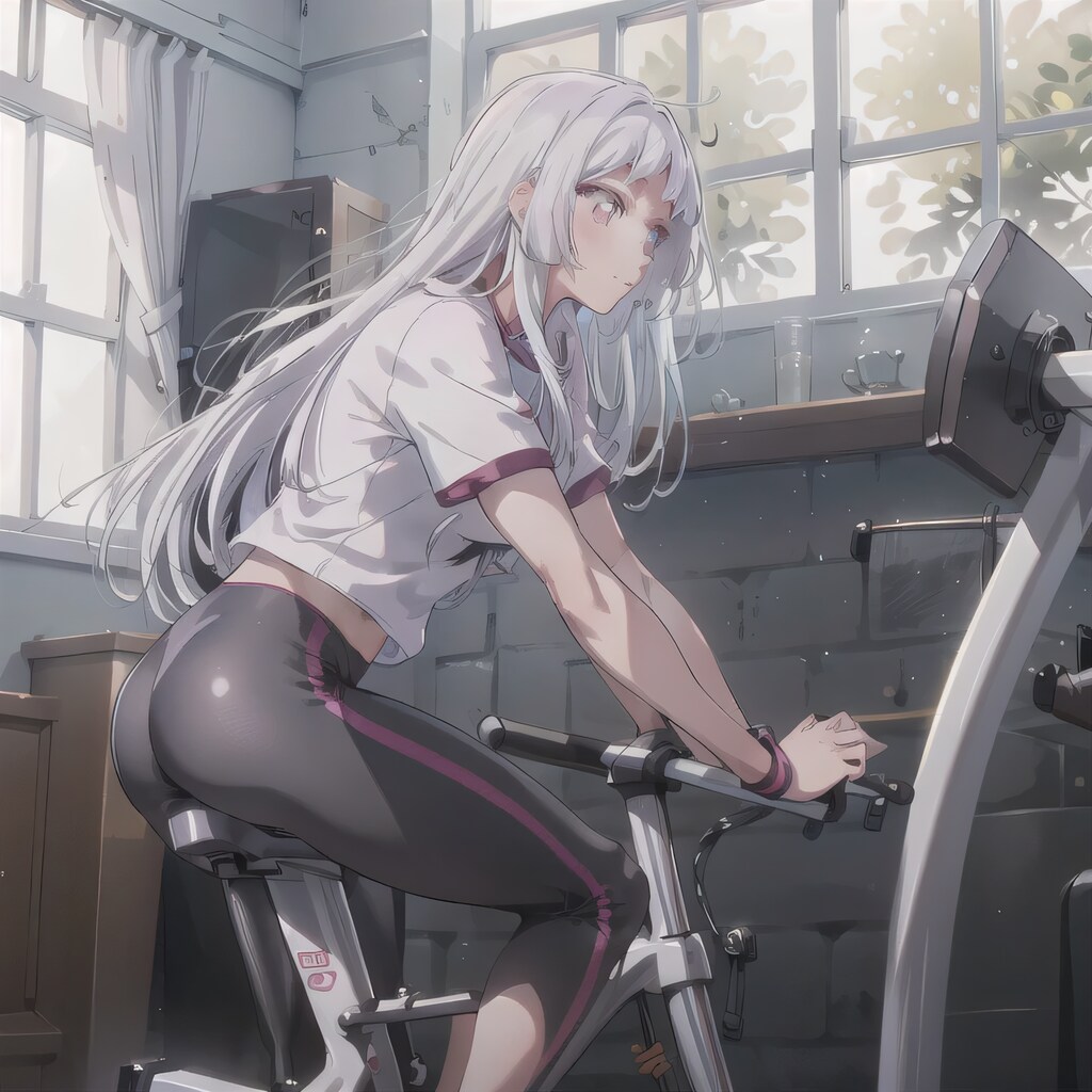 白髪ロングでエアロバイクの少女２