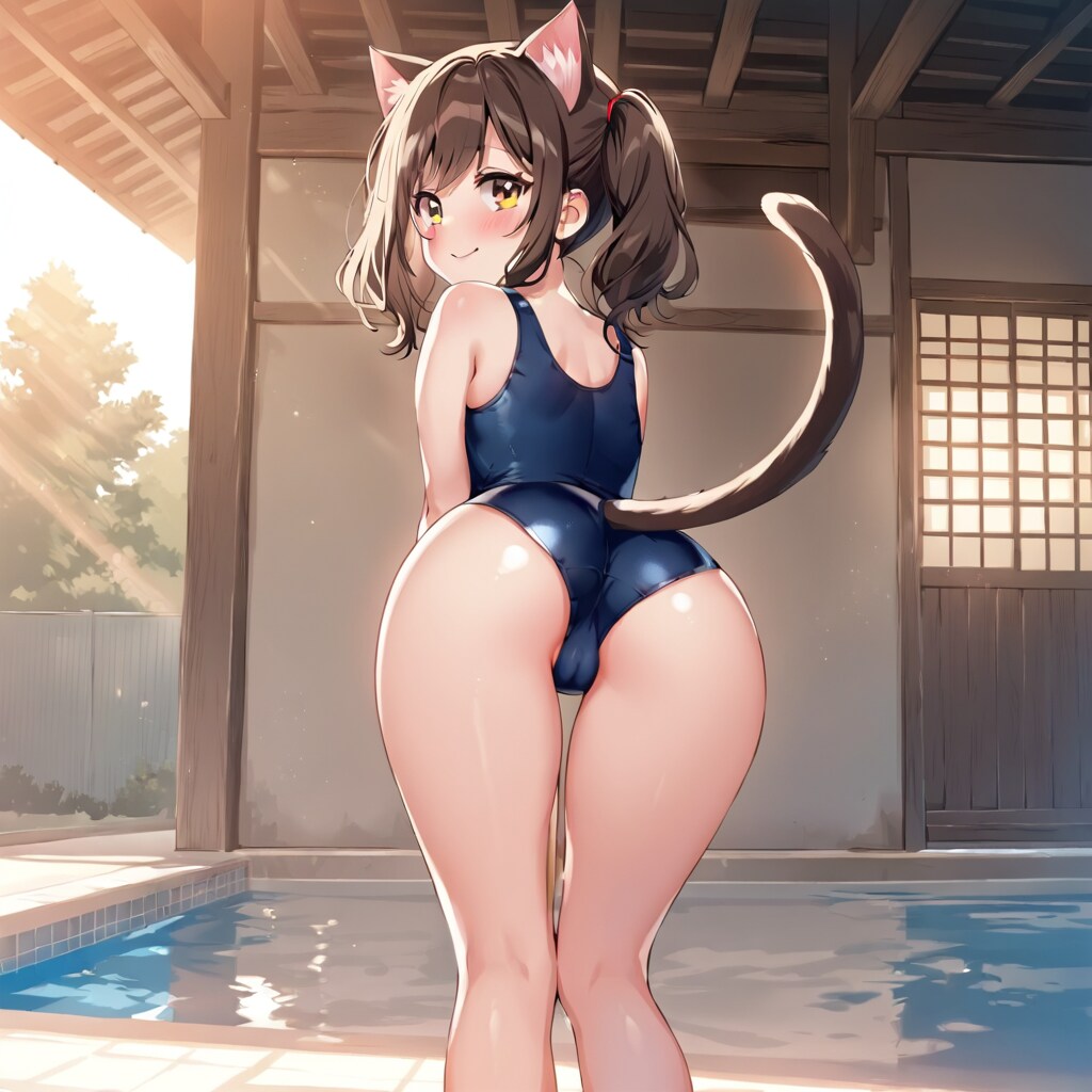 振り向きスク水猫耳さん(美脚呪文)