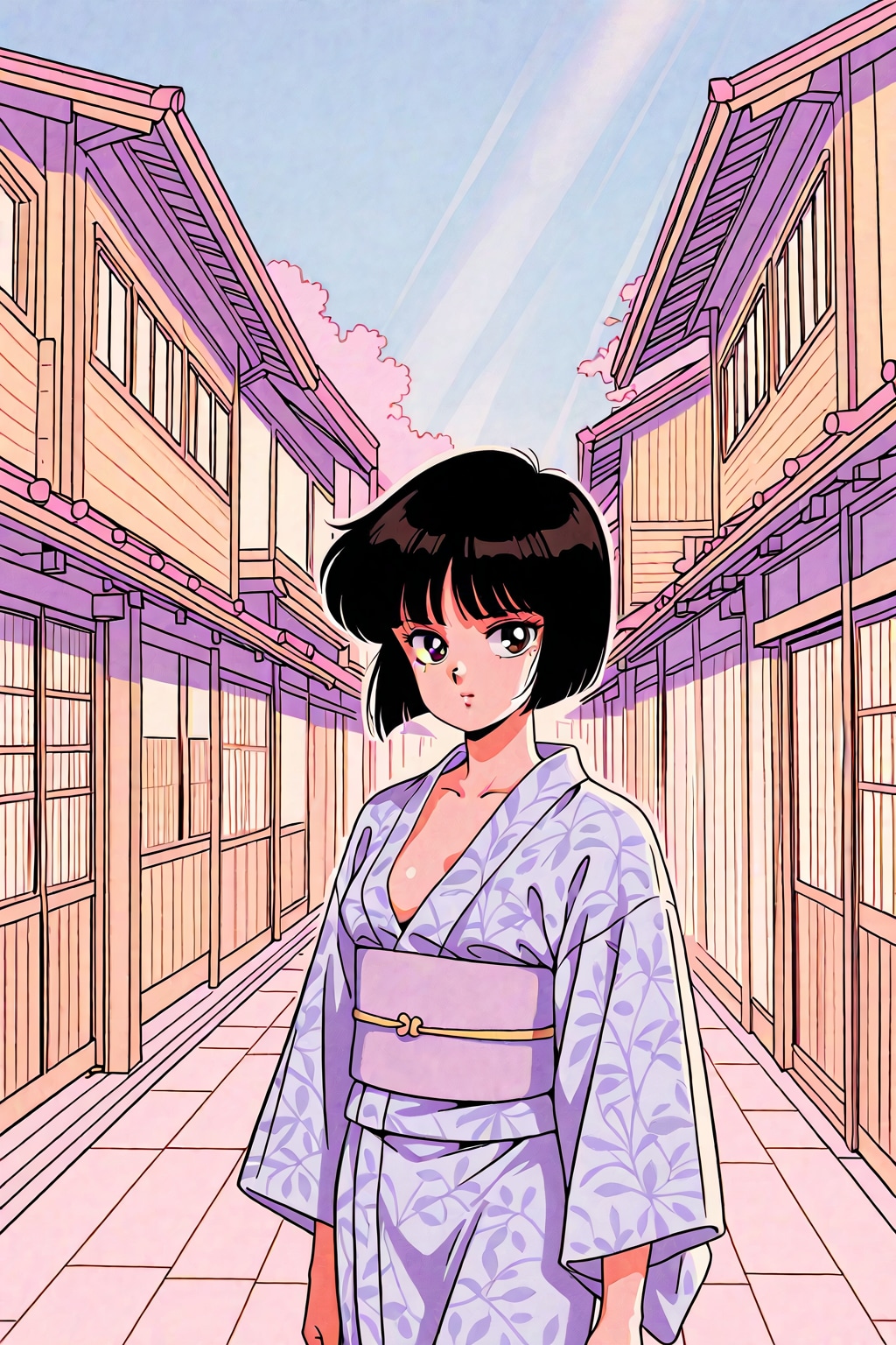 パステルカラーの80'sシティポップポスター（浴衣の淑女）