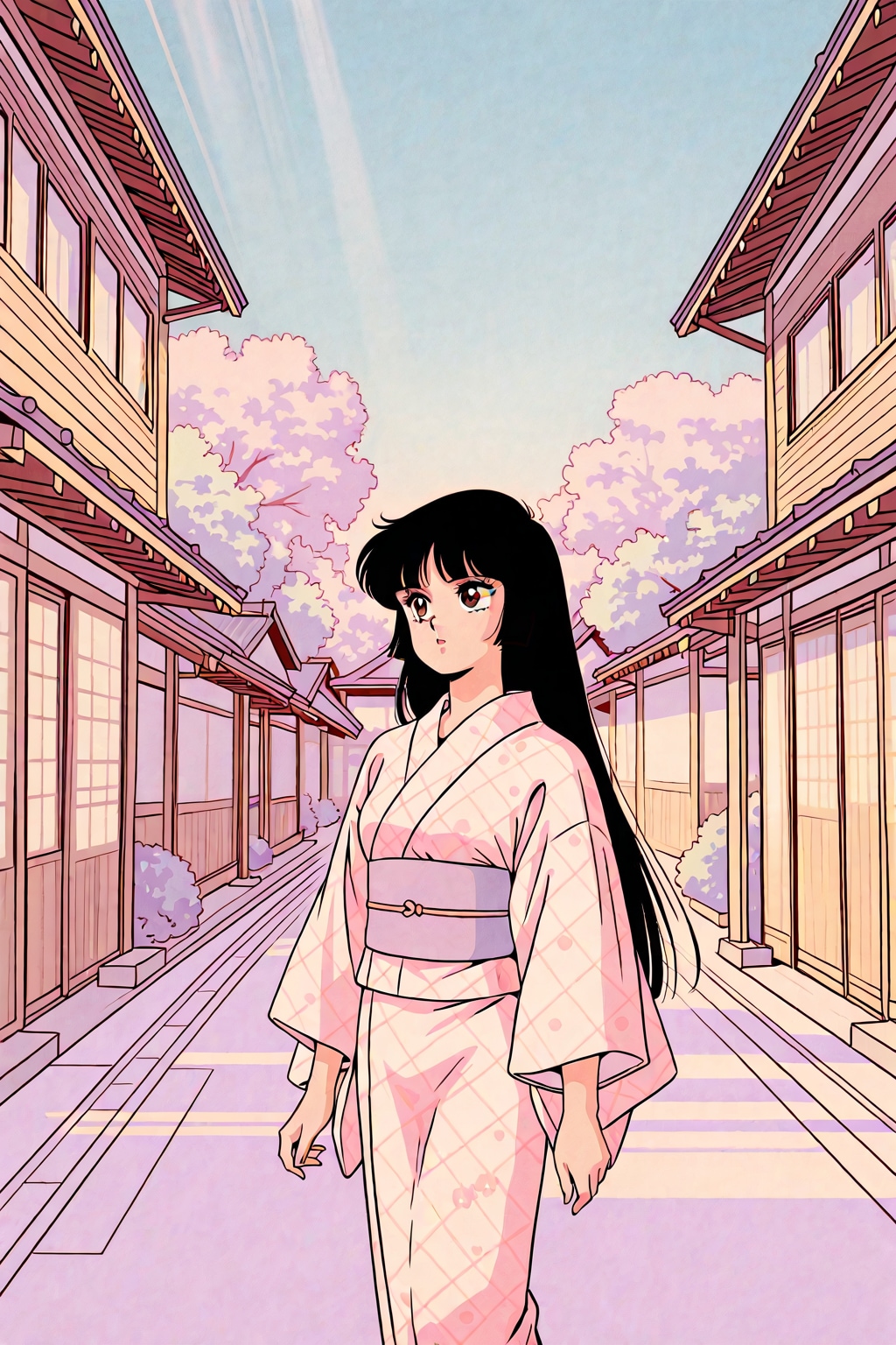 パステルカラーの80'sシティポップポスター（浴衣の淑女）