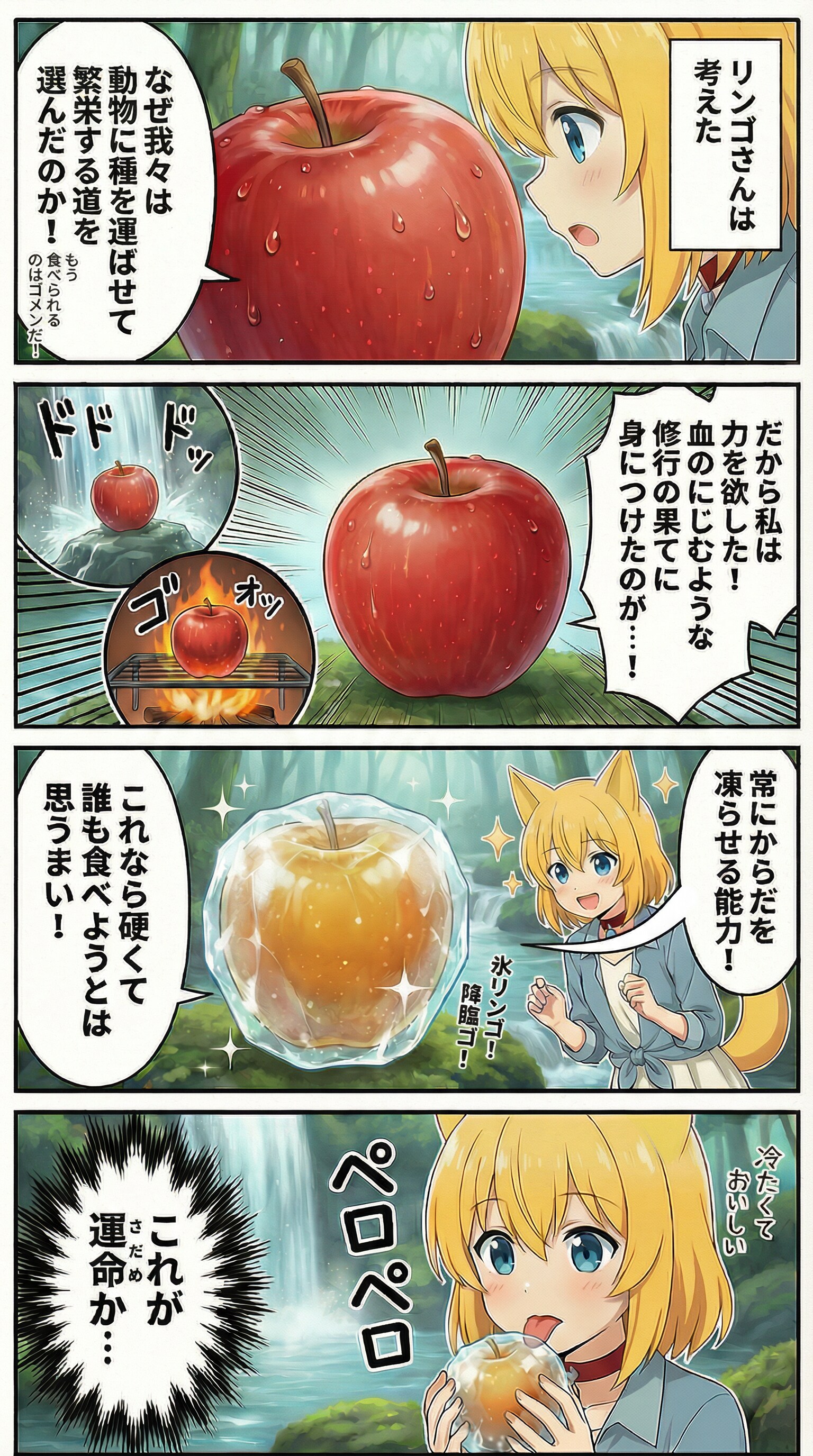 己の生存戦略に疑問を抱いたリンゴが動物に食べられる運命から逃れるため血のにじむような修行を積みついに自分を氷で包む技を… | の人気AIイラスト・グラビア