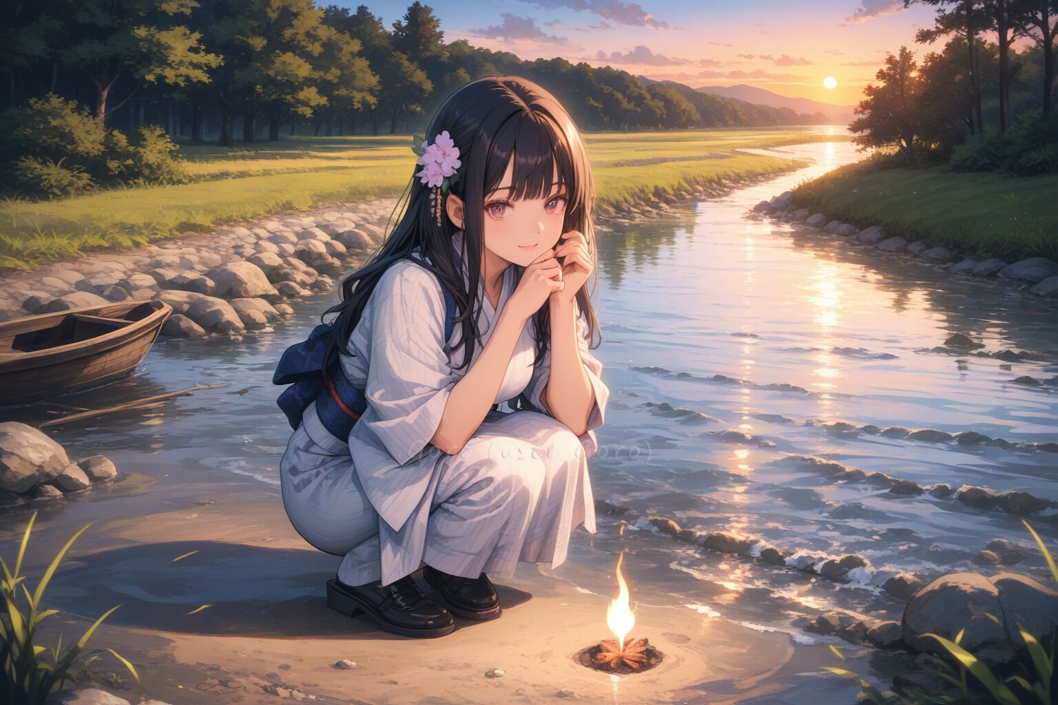 河原で小さな焚火