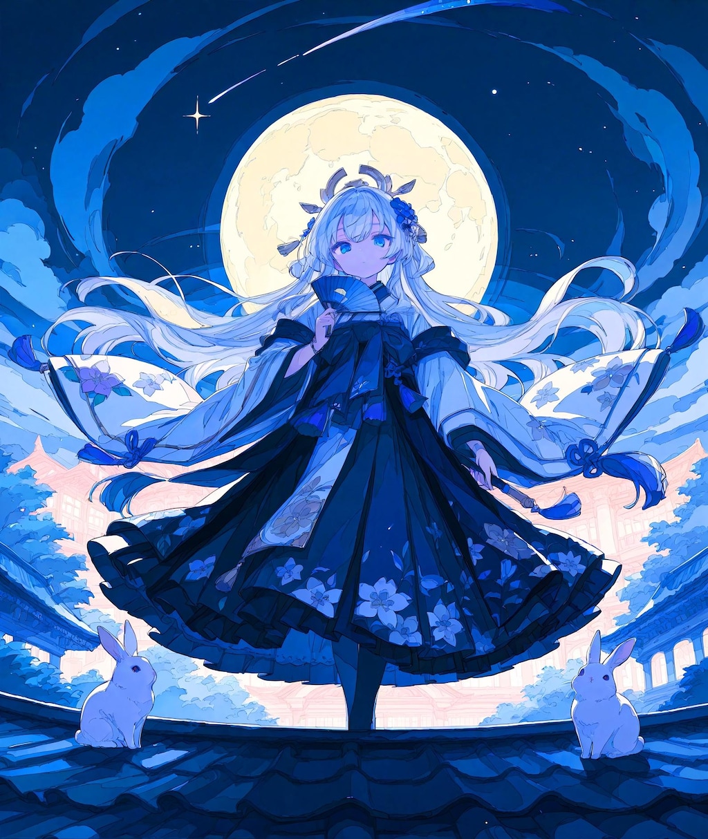 月下の着物少女