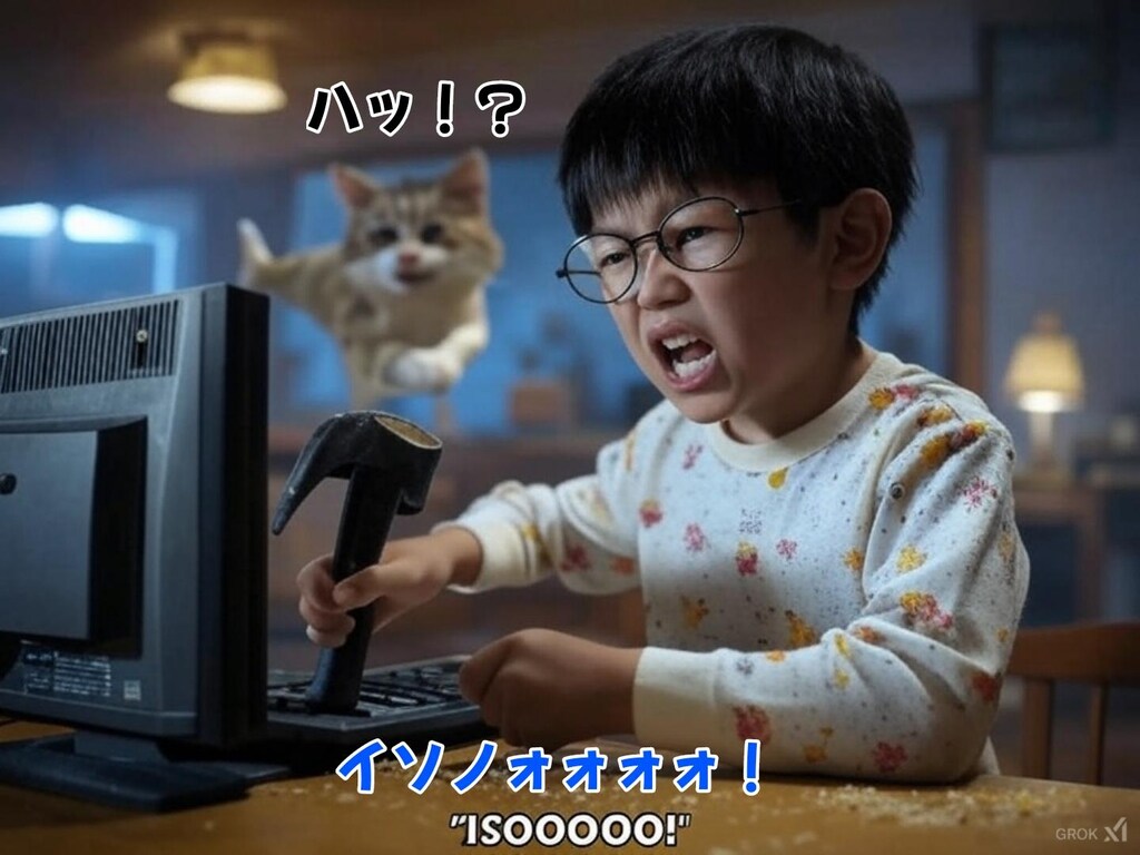 クラッシャー中島『トンカチでクラッシャーな少年 with お魚咥えた猫』【ニャンノ世界】