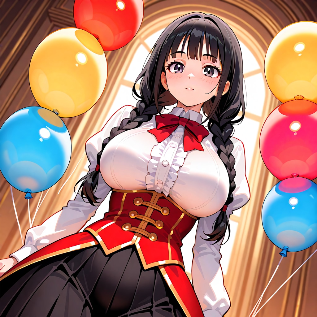 いっぱい色とりどりの風船を持つ黒髪三つ編みロングのサーカス団員の服着た美女