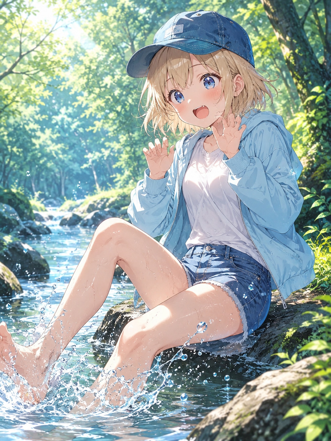 森のせせらぎで水遊びする少女・2