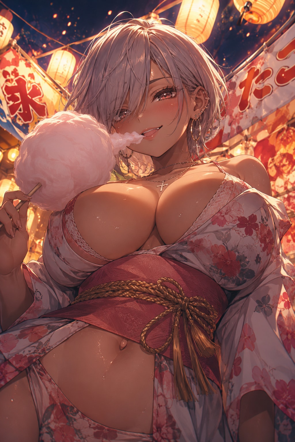 ChatGPT ローアングル浴衣はだけ銀髪ショート巨乳ギャル＋Grok差分
