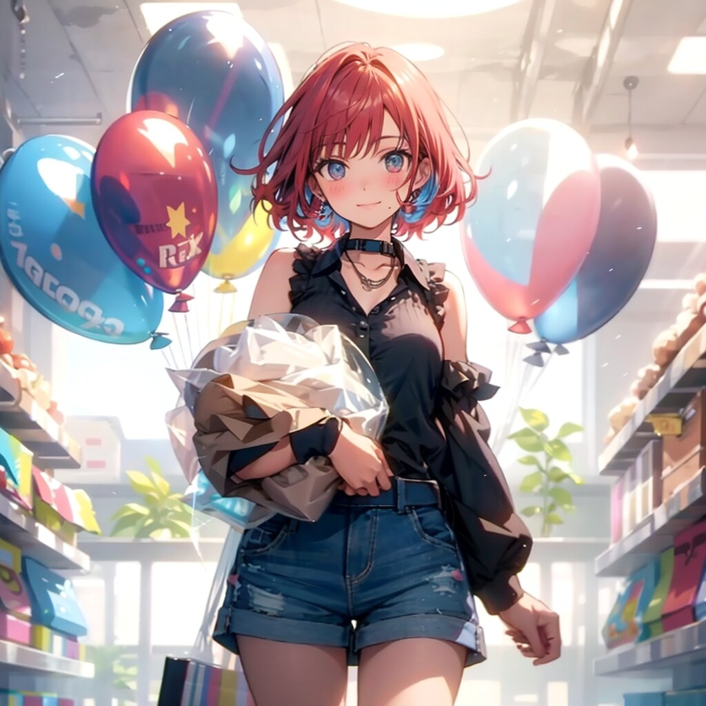 色とりどりの風船を持つ赤い髪ショートカットのデパートの美女店員さん | の人気AIイラスト・グラビア