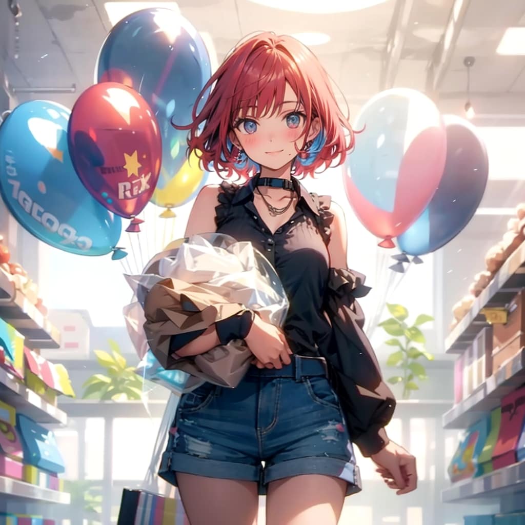 色とりどりの風船を持つ赤い髪ショートカットのデパートの美女店員さん