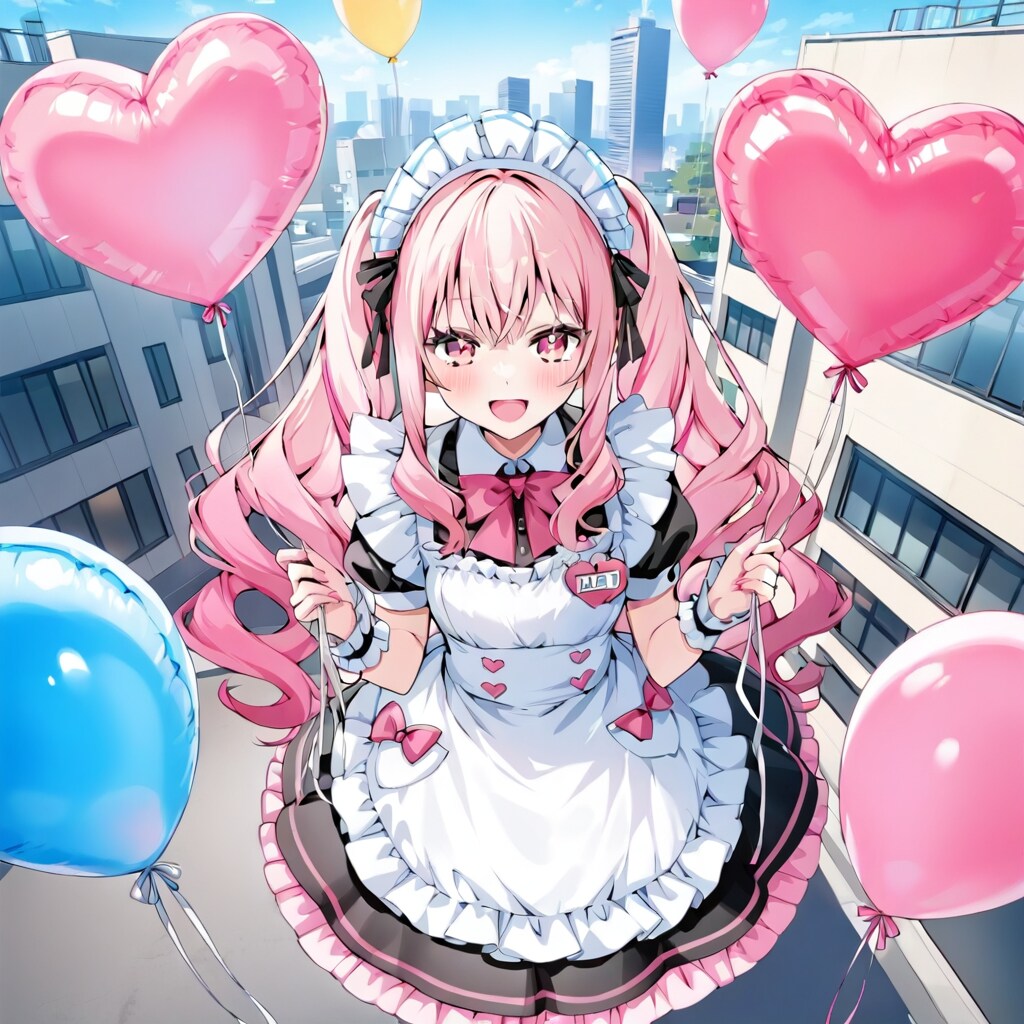 ビルの屋上でいっぱい色とりどりの風船を持つピンク髪ロングのメイド服着た美女