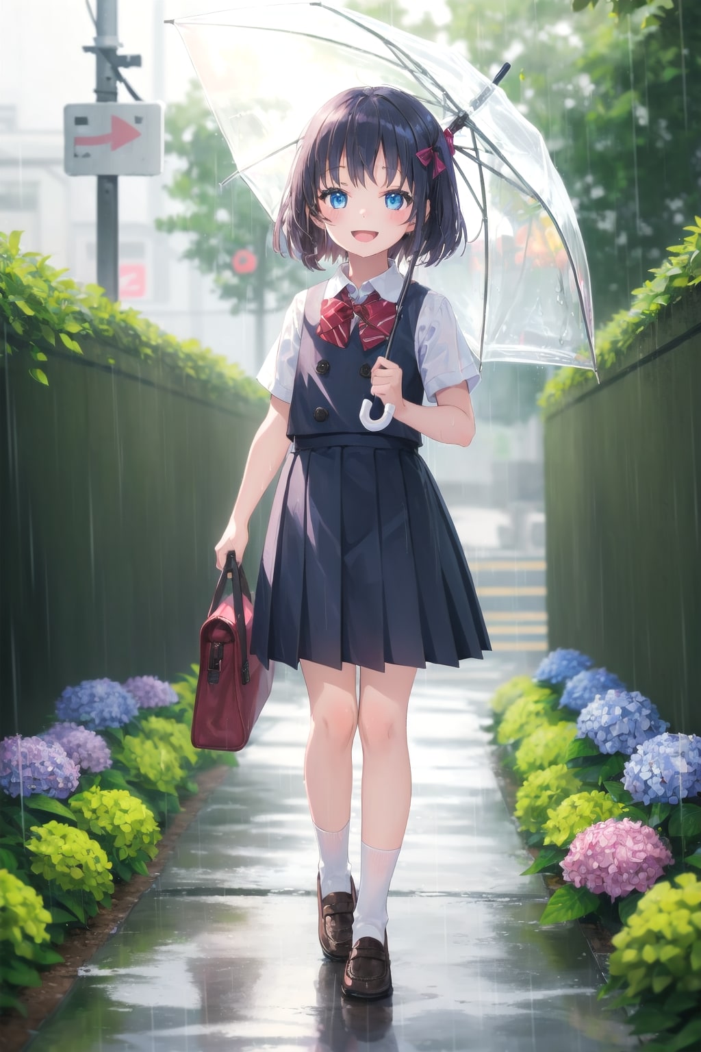 アジサイの咲く雨の通学路