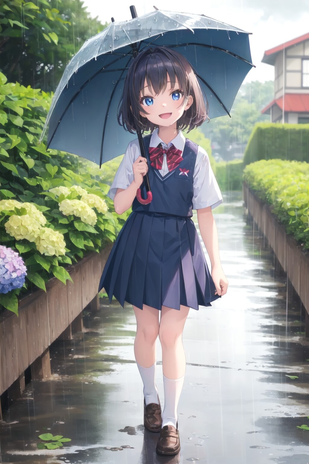アジサイの咲く雨の通学路 | の人気AIイラスト・グラビア