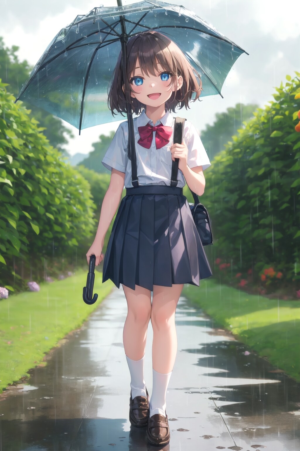 アジサイの咲く雨の通学路