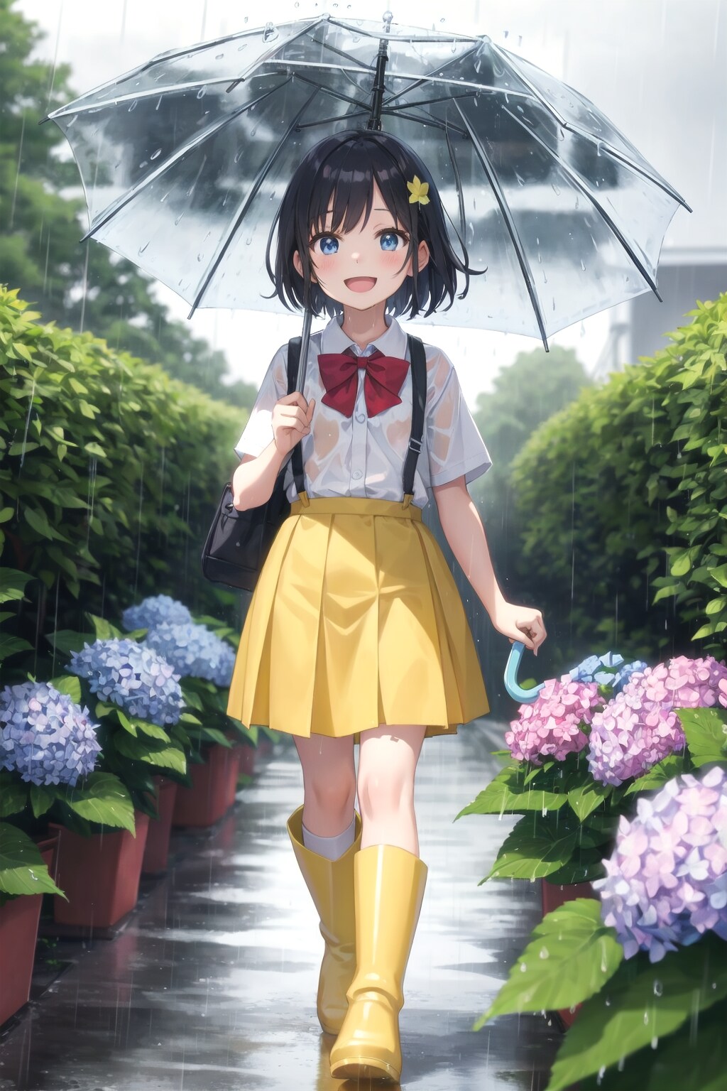 アジサイの咲く雨の通学路