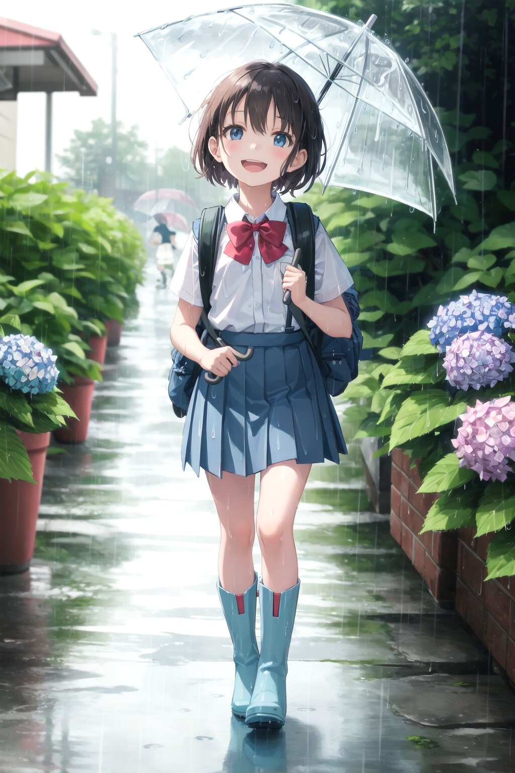 アジサイの咲く雨の通学路