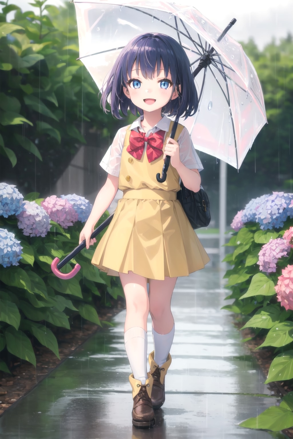 アジサイの咲く雨の通学路