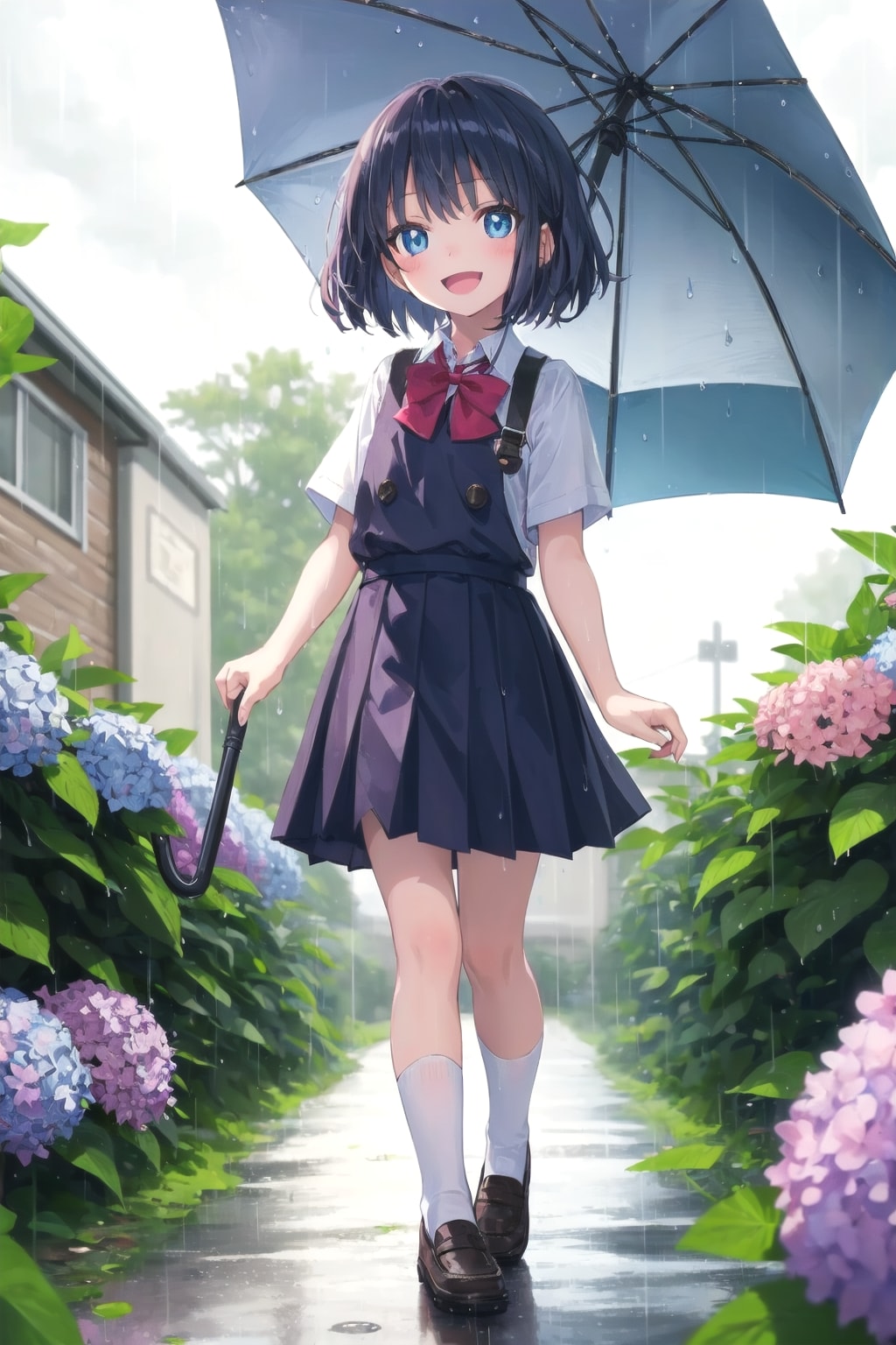 アジサイの咲く雨の通学路